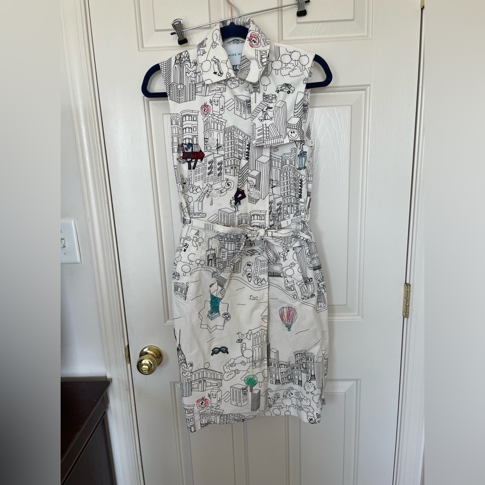 Mira Mikati Sleeveless Cityscape Print Shirt Dress Belted Collared Button Front